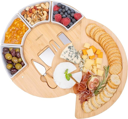 Charcuterie Cheese Board and Platter Set - Made from Bamboo Wood - US Patented 13 inch Cheese Cutting Board and Knife for Entertaining and Serving - 4 Knives - 4 Bowls