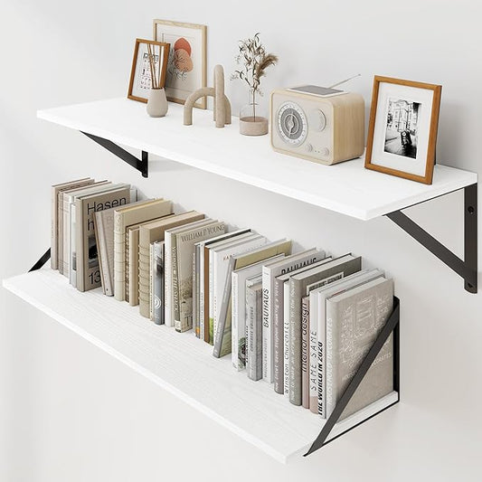 Heimlove White Deep Floating Shelves for Wall, 30W x 8D Wood Wall Shelves Set of 2, Wide Floating Bookshelf for Living Room, Kitchen, Office, Bedroom and Decor Storage, with Black Bracket - White