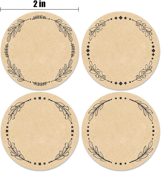 500pcs 2" Label Stickers for Jars and Lids, 4 Different Wreath Designs, Kraft Sticker Labels for Pantry, Mason Jars, Canning, Bottles
