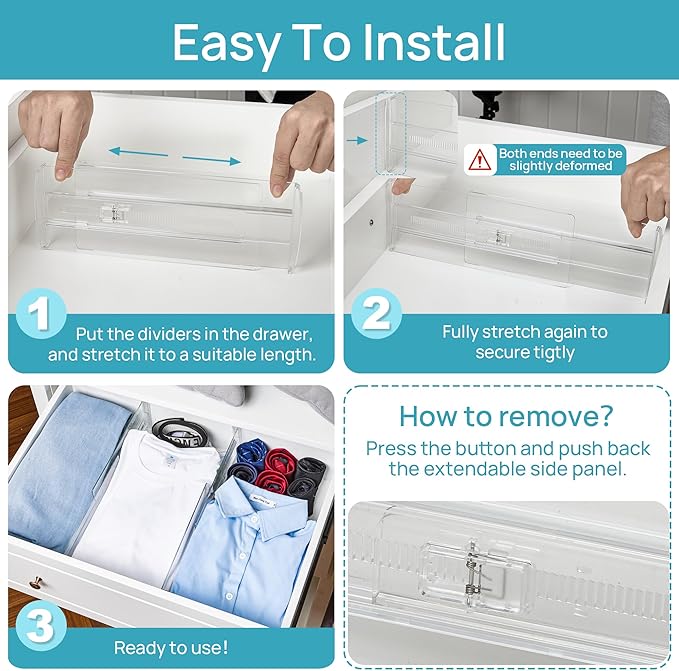 Vtopmart 4 Pack Drawer Dividers for Clothes, 4" High 10.2"-16.6" Adjustable Expandable Dresser Drawer Organizer, Clear Plastic Separators for Dresser, Baby Clothing, Underwear, Cosmetic, Toiletries