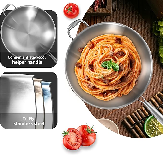 LOLYKITCH Tri-Ply 14.5 Inch Stainless Steel Wok Pan with Steel Lid, Stir-Fry Pan,Induction Cooking Pan,Dishwasher and Oven Safe