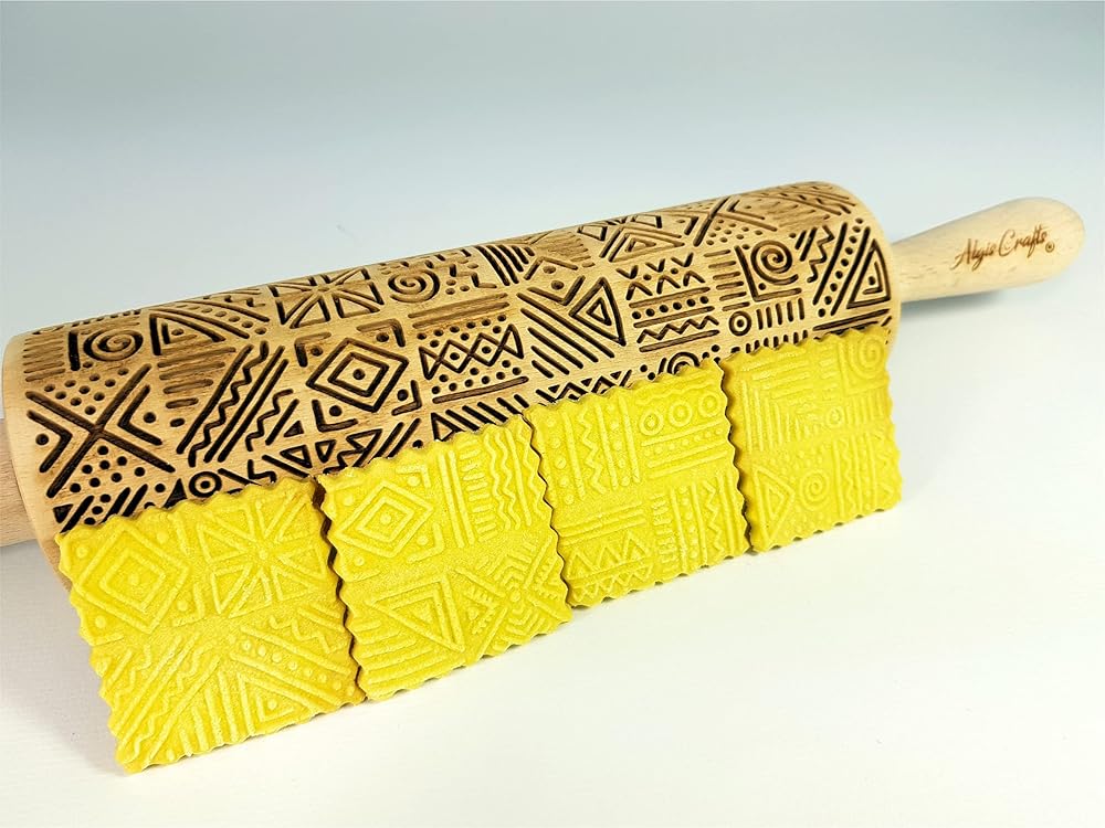 AFRICA Embossing Rolling Pin Dogh Roller with Tribal Pattern for Embossed Cookies and Pottery by Algis Crafts