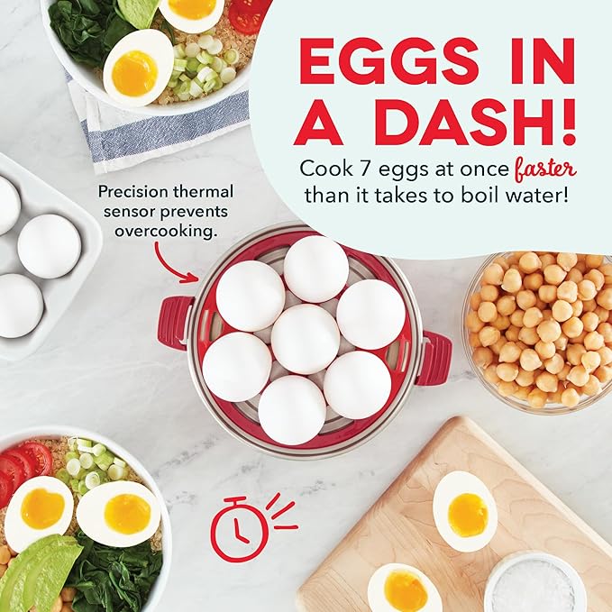DASH Rapid Egg Cooker: 7 Egg Capacity Electric Egg Cooker for Hard Boiled Eggs, Poached Eggs, Scrambled Eggs, or Omelets with Auto Shut Off Feature - Red