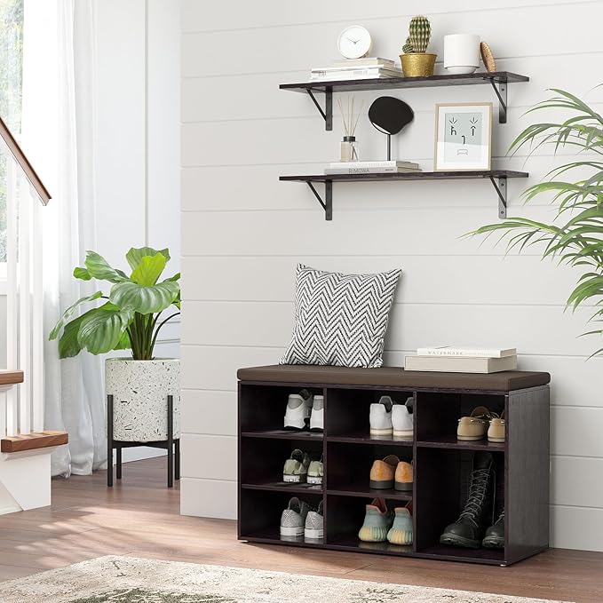 DINZI LVJ Long Wall Shelves, 23.6 Inch Wall Mounted Shelves Set of 2, Easy-to-Install, Wall Storage Ledges with Sturdy Metal Brackets for Living Room, Bathroom, Bedroom, Kitchen, Espresso