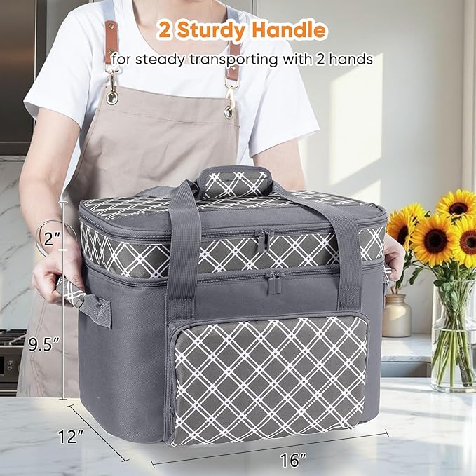 Double Layer Slow Cooker Carrier Bag – Fits 6–8 Qt Oval Slow Cooker Compatible with CrockPot & Hamilton Beach | Insulated Travel Tote with Utensil Storage & Adjustable Straps