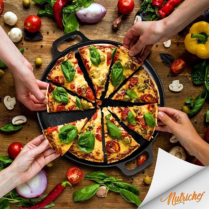 NutriChef 13-Inch Flat Cast Iron Pizza Pan - Versatile Pre-Seasoned Round Cooking Griddle w/ Built-In Handles for Oven, Grill, Stove, and Campfires