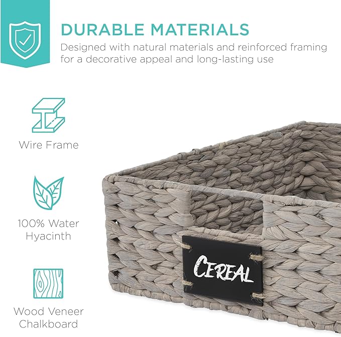 Best Choice Products Set of 4 16x12in Large Water Hyacinth Pantry Baskets, Woven Organizers w/Chalkboard Label, Chalk Marker - Gray