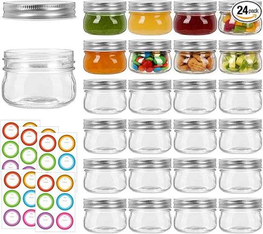 4 oz Mason Jars With Silver Lids, 24 Pack Regular Mouth Canning Jars for Jam, Honey, Yogurt, Spices, Snacks, DIY Projects, Wedding Favors- Includes 30 Stickers