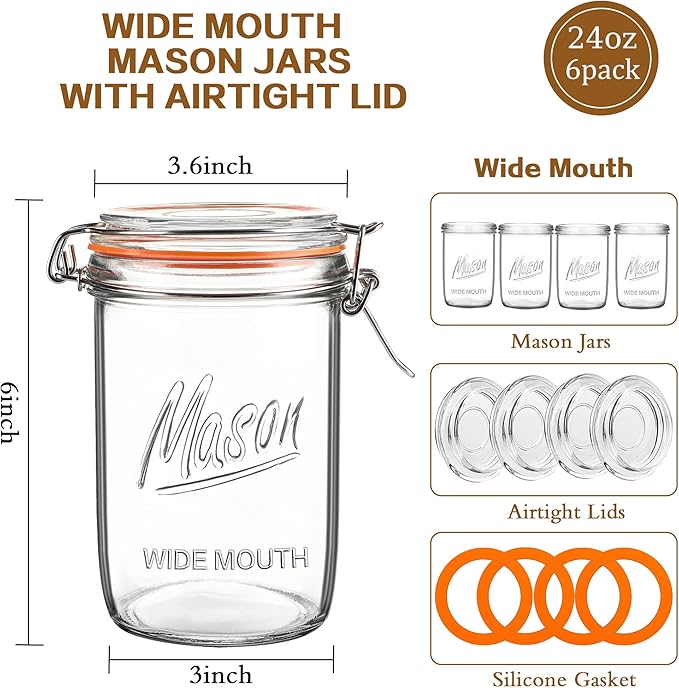 24oz Wide Mouth Mason Jars – 6 Pack Glass Jars with Airtight Lids for Canning, Pickling, Meal Prep, Jam, Jelly, Overnight Oats & DIY Projects