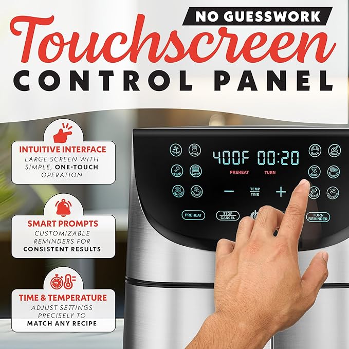 Gourmia Air Fryer Oven Digital Display 8 Quart Large AirFryer Cooker 12 Touch Cooking Presets, XL Air Fryer Basket 1700w Power Multifunction GAF856 Black and Stainless stainless steel air fryer