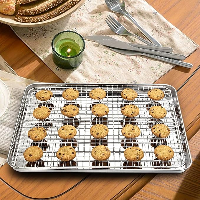 Baking Sheet with Rack Set [2 Pans + 2 Racks], Wildone Stainless Steel Cookie Sheet Baking Pan Tray with Cooling Rack, Size 18 x 13 x 1 Inch, Non Toxic & Heavy Duty & Easy Clean