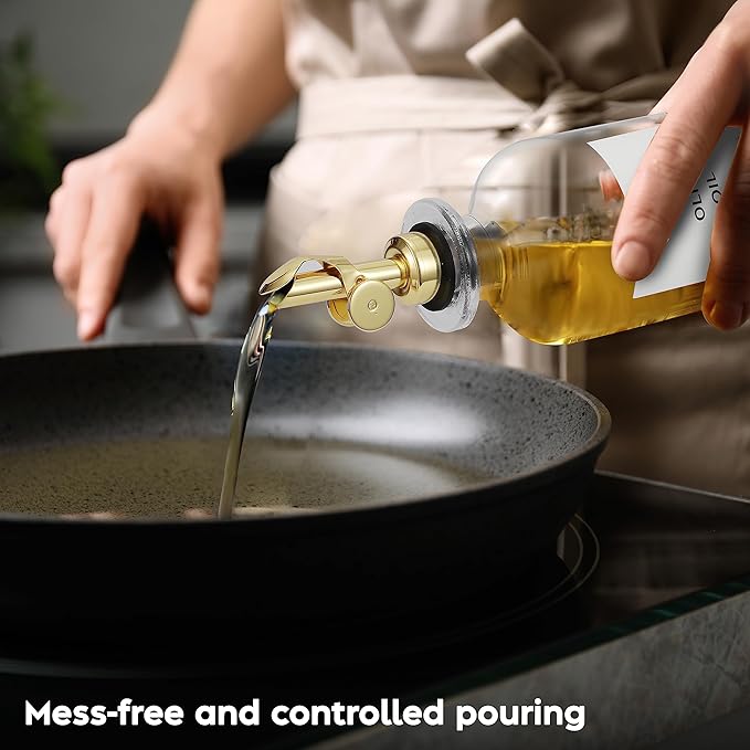 Olive Oil Dispenser Bottle - Includes 55 Kitchen Essential Labels - Cooking Oil Bottles for Kitchen, Coffee Syrup Dispenser - Pourer Spout with 11.8 fl oz Glass Container Cruet - 2pcs, Gold