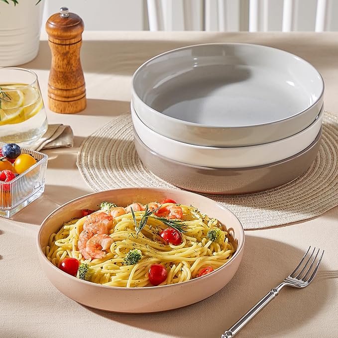 MALACASA Large Pasta Bowls Set of 4, 48 OZ Salad Bowls Serving Bowls for Dinner, Ceramic Soup Bowls Pasta Plates for Serving, Stackable, Microwave & Dishwasher Safe, Multicolor, Series TARA