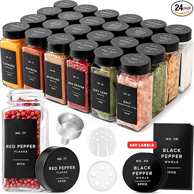 Glass Spice Jars with Label and Stainless Steel Lids (24 x 4oz) Spice Containers with 240 Labels, Shaker Inserts, Steel Funnel, Empty Square Empty Square Seasoning Organizer (Black)