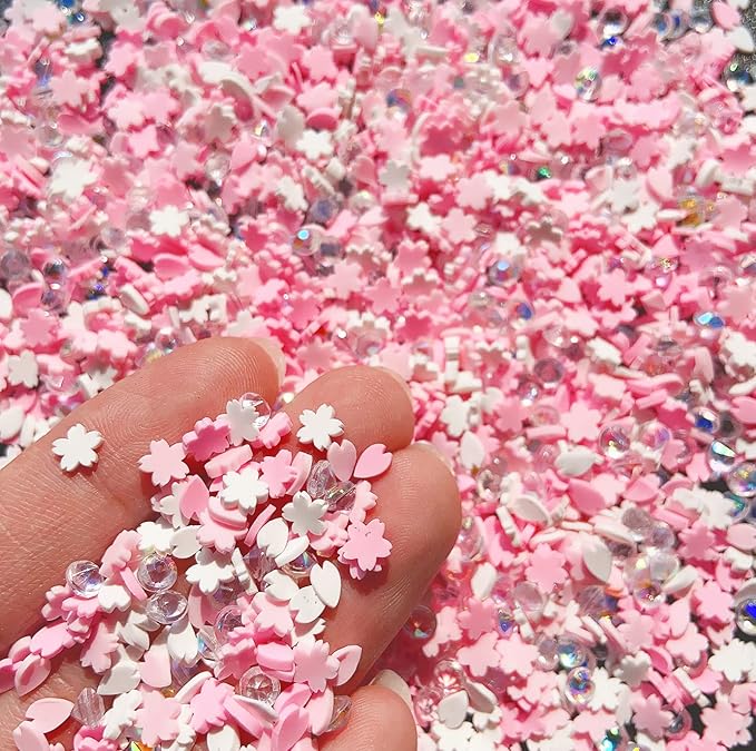 EHOPE Fake Sprinkles Resin Sprinkles Fake Candy Sprinkles Clay Sprinkles Polymer Sprinkles Polymer Clay Slices for Nail Art DIY Crafts Cake Phone Case(40G-Pink Cherry Blossoms+Zuan-23)