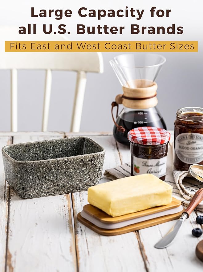 Ceramic Butter Dish with Lid, Covered Butter Dish for Countertop and Refrigerator, Large Butter Keeper Holder with Airtight Seal, HoneyBee Kitchen Decor, Gray