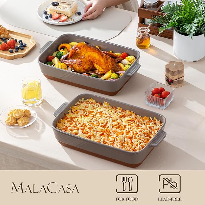 MALACASA 4.8 Qt Lasagne Dishes for Oven, 9 x 13 Inches Brown Ceramic Oven Dish with Handles, Deep Rectangular Baking Dish Casserole Dishes, Lasagna Pan Bakeware for Roasting, Series TARA