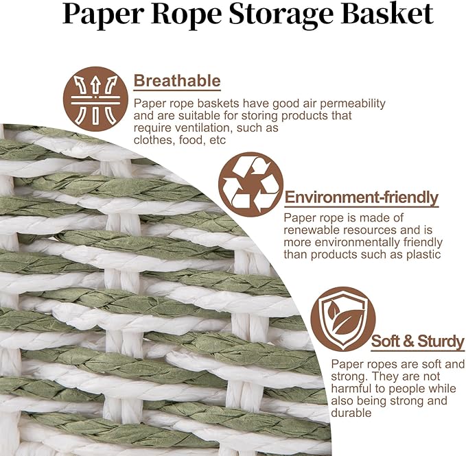 OIAHOMY Toilet Paper Baskets Handmade Paper Rope Decorative Wicker Storage Tank Shelf Cabinet Organizer for Bathroom Home, Set of 2, Green & White