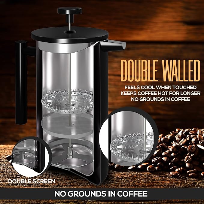 Utopia Kitchen French Press Coffee Maker, Double Wall Insulated Stainless Steel Coffee Press with 4-Level Filtration system, Includes 2 Extra Filters, Rust-Free, Dishwasher Safe (Black, 17 Ounce)