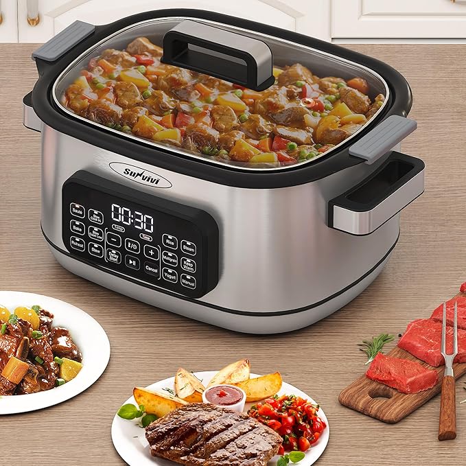 Sunvivi 12-in-1 Multi Slow Cooker Roaster Oven, 6.5QT Sliver Digital Programmable Slow Cooker with Rack, Large Removable Nonstick Crock, Glass Lid, Multicooker with Timer Temp Control, Delay Start