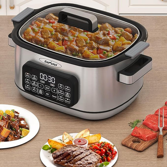 Sunvivi 12-in-1 Multi Slow Cooker Roaster Oven, 6.5QT Sliver Digital Programmable Slow Cooker with Rack, Large Removable Nonstick Crock, Glass Lid, Multicooker with Timer Temp Control, Delay Start