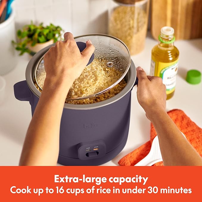 bella 16 Cup Rice Cooker with Steamer, Dishwasher Safe Steaming Basket, Rice Paddle and Measuring Cup, Removable Nonstick Cooking Bowl, Automatic Keep Warm Function, 400 Watt, Plum