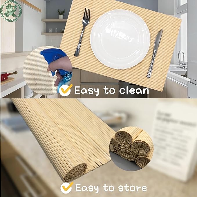 ANDSTAR Bamboo Placemats Set of 8 Waterproof - 12x18 Inch Reusable Table Mats for Dining, Eco-Friendly Heat Resistant Dishwasher Safe Kitchen Decor, Farmhouse Style Home Gift (Natural Color)