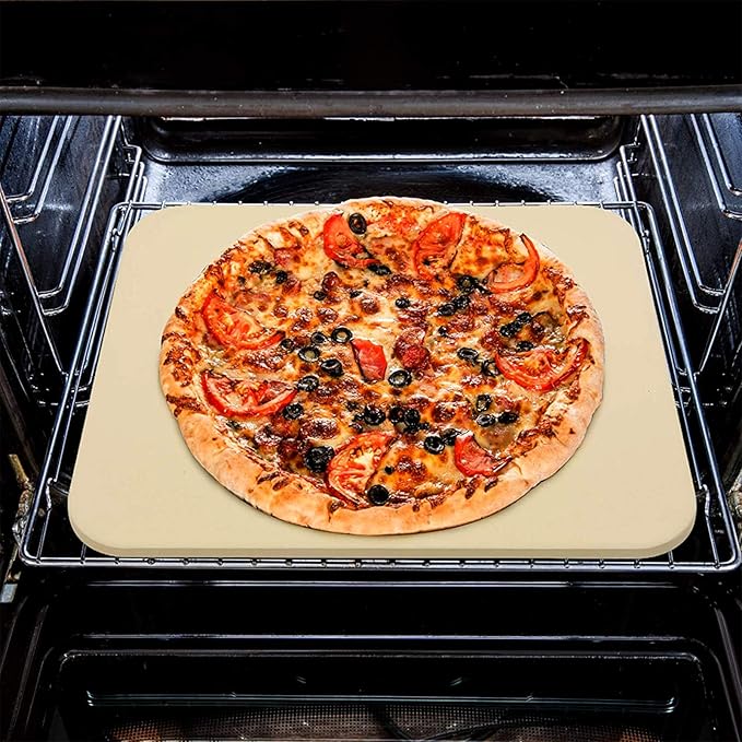 Pizza Grilling Tool Kit - Including 15 x 12 inch Pizza Stone with Metal Handle Rack, Rocker Pizza Cutter Blade with Wooden Safer Grip & Protective Cover – Premium Pizza Oven Grill Accessories