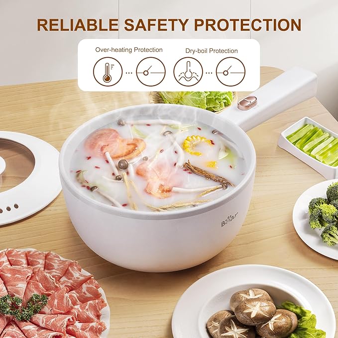 Bear Hot Pot Electric, 2L Multifunctional Portable Cooking Pot, 1000W Rapid Noodles Electric, Non-Stick Frying Pans for Steak, Egg, Ramen, Oatmeal With Dual Power Adjustment