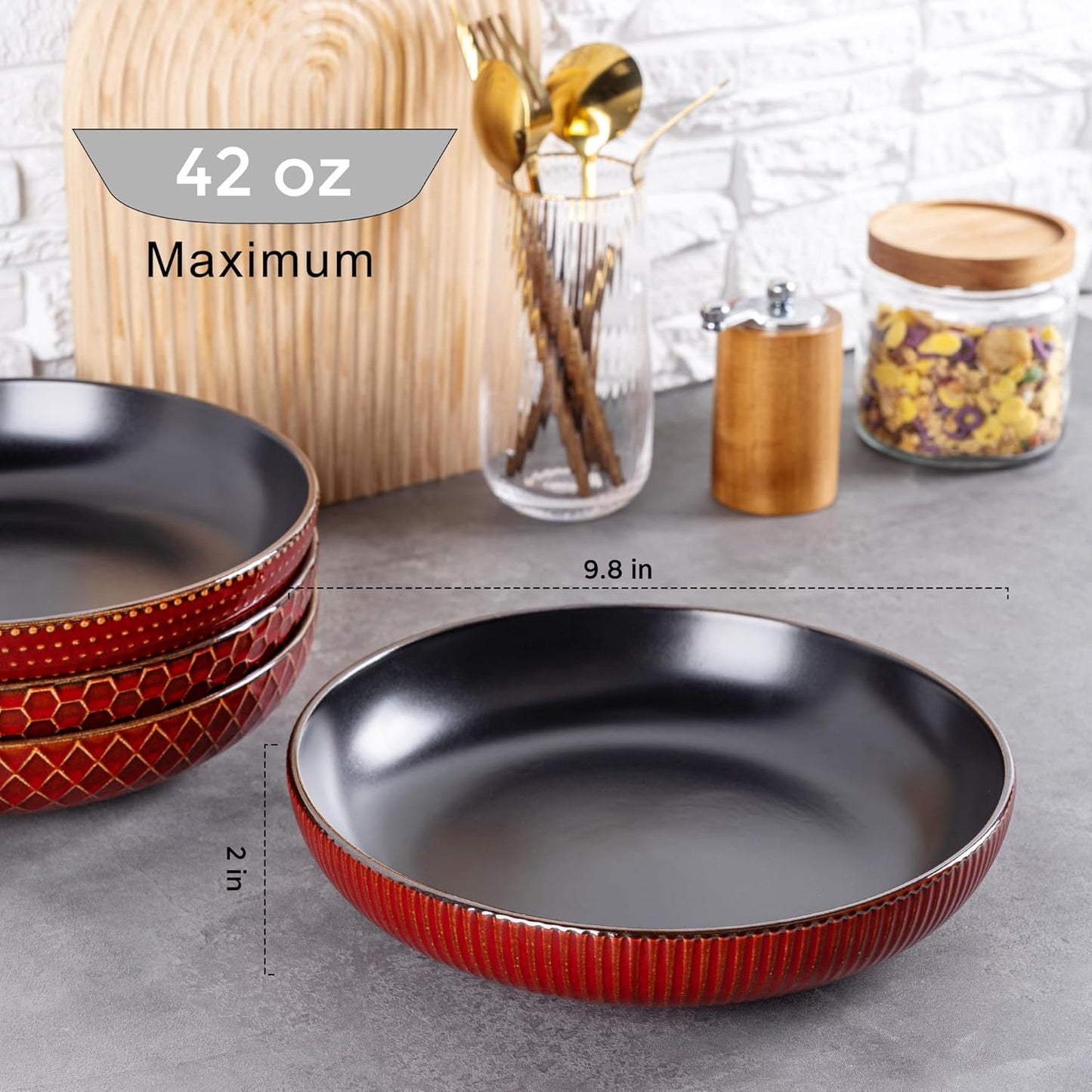 GBHOME 9.5'' Large Pasta Bowls, 42 Ounce Stoneware Salad Bowls for Kitchen, Ceramic Serving Bowls With Textured Pattern for Pasta,Fruit, Stews,Noodle, House-warming Gift, Set of 4-Rythmic Red