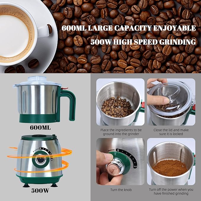 Versatile Kitchen Grinder | 500W Electric Mill | Grinds Spices, Nuts, Grains, Coffee | 3 Stainless Steel Blades | Wet & Dry Use (Black)