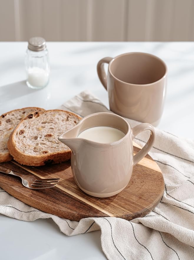 famiware Milkyway 13oz Creamer with Handle, Ceramic Coffee/Milk/Sauce/Serving/Salad Pitcher Jug, Stoneware Maple/Syrup Dispenser, Milk Frother Cup, Microwave and Dishwasher Safe, Cinnamon Brown
