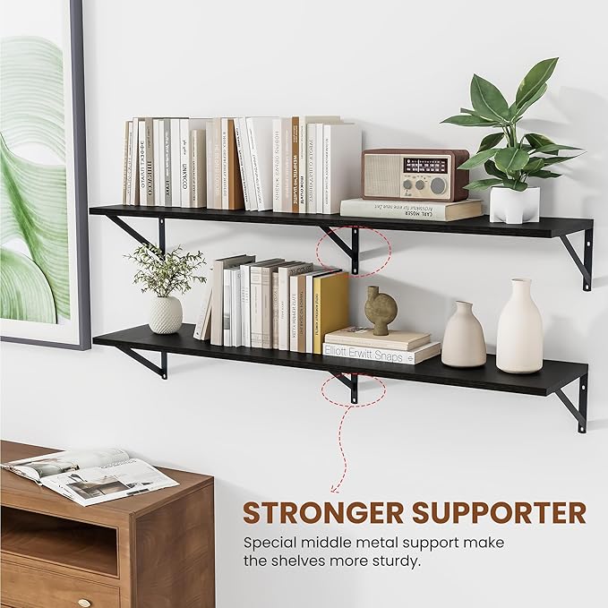 Heimlove Black Deep Floating Shelves for Wall, 48W x 12D Wood Wall Shelves Set of 2, Wide Floating Bookshelf for Living Room, Kitchen, Office, Bedroom and Decor Storage, with Metal Bracket - Black