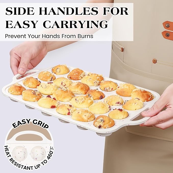 2 Pcs Silicone Mini Muffin Pan With Metal Frame, 24 Cups Nonstick Cupcake Tray for Baking, Small Muffin Molds with Handles (Cream)