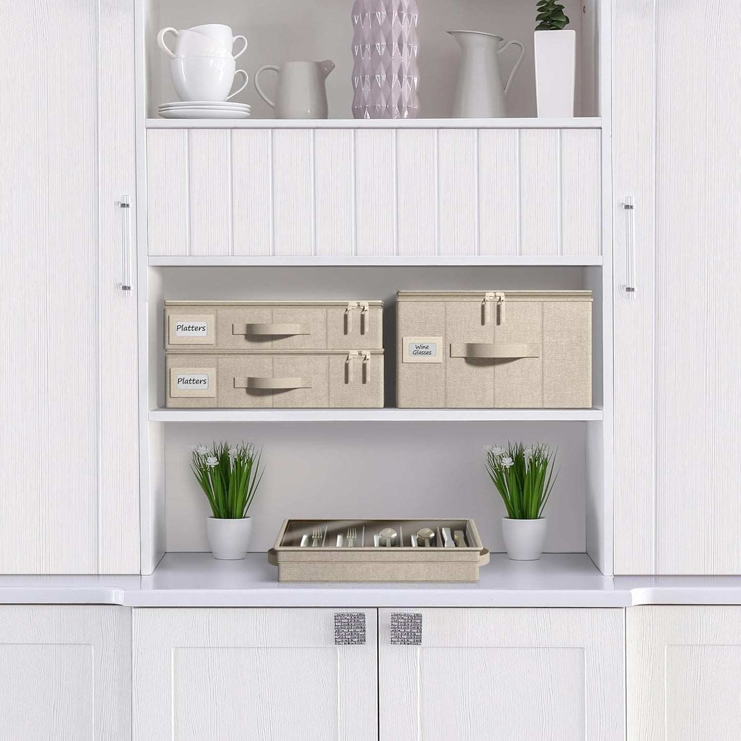 Sorbus China Storage Containers – Dinnerware Organizer for Champagne Flute Glasses with Lid (Holds Service for 12) with Felt Protectors – 13" x 10" x 10.6"