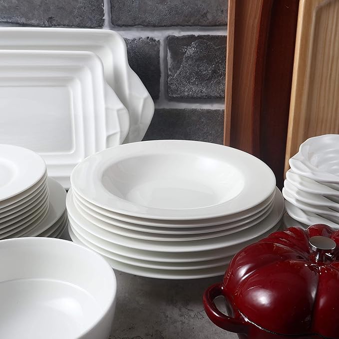 Artena 8 Ounces Pasta Bowls Set of 4, 8.5 inch Soup Bowls, Advanced Porcelain Salad Bowl, Wide Rim Pasta Plates, Shallow Bowls for Kitchen, Rimmed White Plates and Bowls Set, Microwave Oven Safe