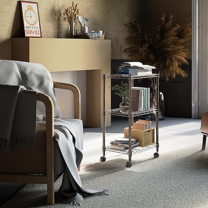 3 Tier Shelf Metal Storage Shelves Wire Rack Closet Organizers with Wheel for Garage Kitchen Bathroom Laundry Brown 11.8" D x 17.7" W x 29.8" H