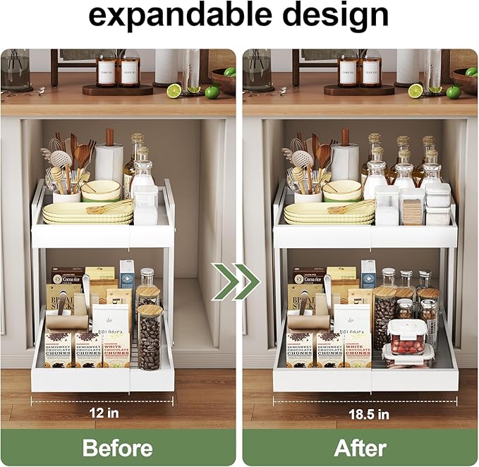 2 Tier Pull Out Cabinet Organizer ,Adjustable Width & Height,Expandable Pull-Out Drawers For Cabinets, Slide Out Shelves for Kitchen Cabinets / Countertop / Pantry,Heavy-Duty & Easy to Install(White)