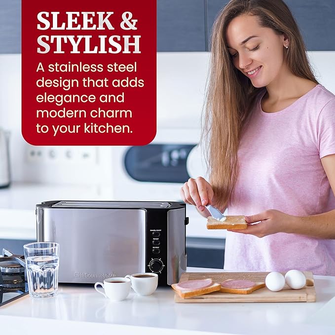 Elite Gourmet ECT-3100 Long Slot 4 Slice Toaster, Reheat, 6 Toast Settings, Defrost, Cancel Functions, Built-in Warming Rack, Extra Wide Slots for Bagels & Waffles, Stainless Steel & Black