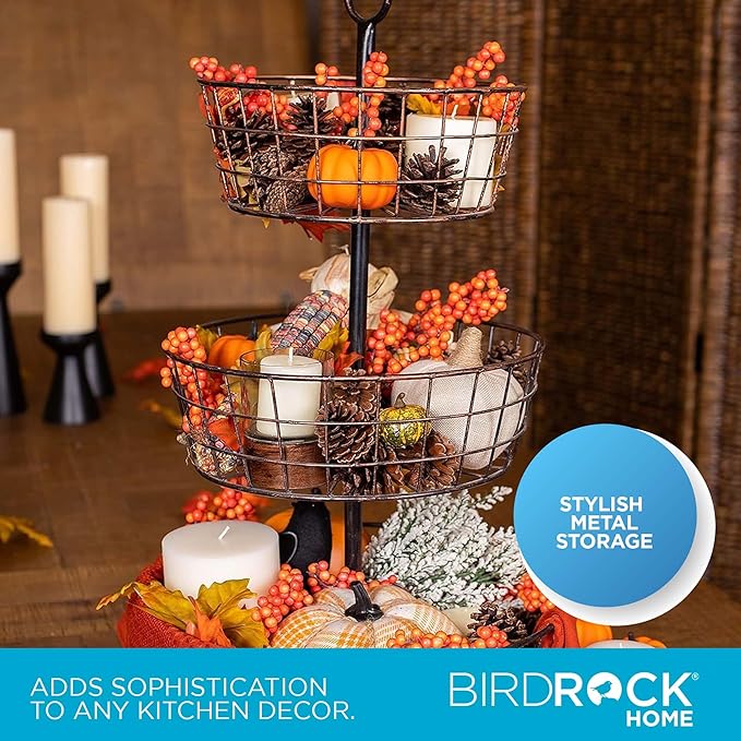 BirdRock Home 3 Tier Wire Fruit Basket | Round Metal Standing Baskets | Fruit Vegetable Garlic Caddy | Freestanding Rustic Decorative Basket