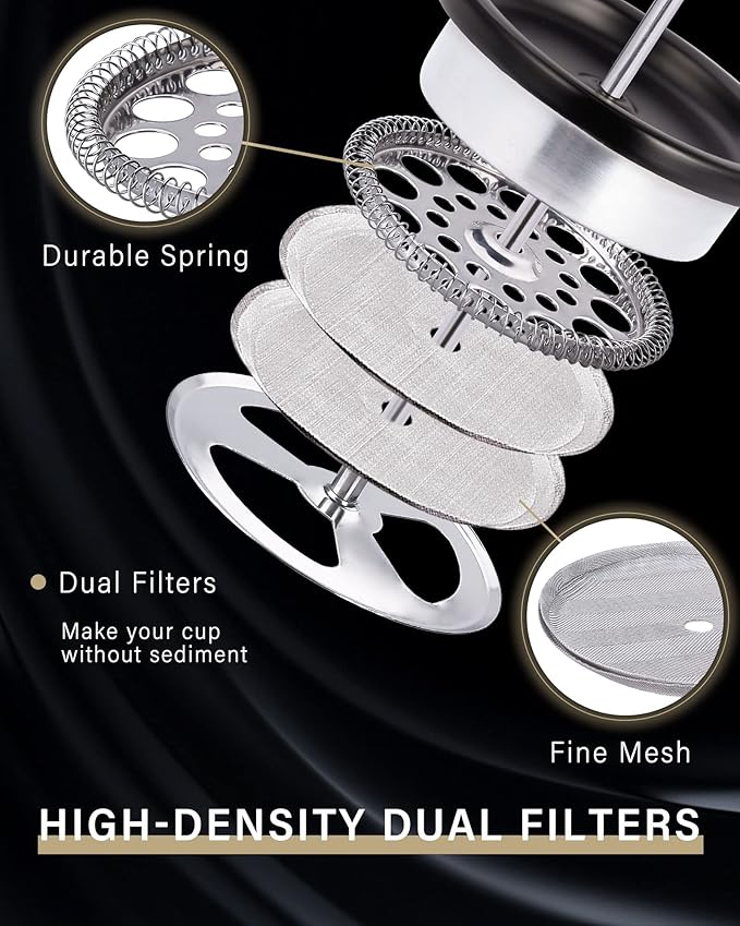 POLIVIAR French Press Coffee Maker, 12 oz Portable French Press with Mini Canister and Collection Bag, Double Wall Insulation & Dual- Filter Screen, Food Grade Stainless Steel for Coffee