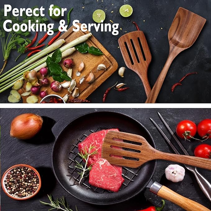 Wooden Spatulas for Cooking Non-Stick Kitchen Pan Toolset 2 PCS Set, Natural Teak Kitchen Utensils,Smooth Finish Utensils Fried Spatula,Turner Non-Stick Wooden Cooking Utensils