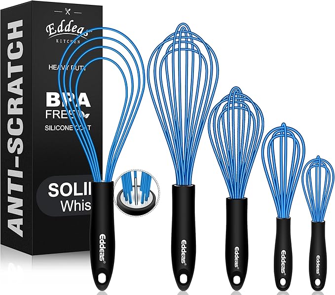 Silicone Whisk, Whisk Non Scratch Whisk for Cooking, 5+7+9+11in Balloon Whisk, Suitable for Mixing, Blending. 11in Flat Whisk great for Ceramic Coated pans and Wider shallower pots. (Blue)