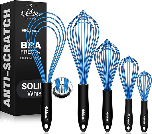 Silicone Whisk, Whisk Non Scratch Whisk for Cooking, 5+7+9+11in Balloon Whisk, Suitable for Mixing, Blending. 11in Flat Whisk great for Ceramic Coated pans and Wider shallower pots. (Blue)