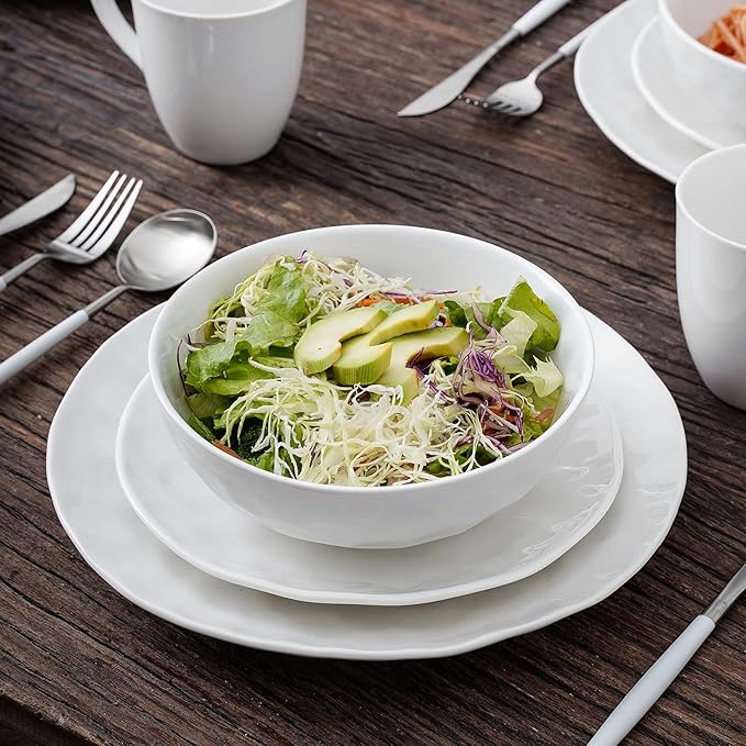 vicrays Ceramic Pasta Bowls Set, 32 Ounce Soup Bowls, Large Salad Bowls, Chip Resistant, Dishwasher Microwave Safe, Fluted stoneware Bowls for Kitchen, Serving Bowls, Set of 6 (White)