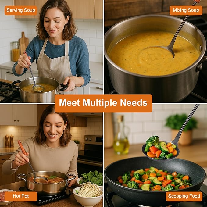 FJNATINH Soup Ladle, Food Grade 304 Stainless Steel Ladle, Large Metal Ladel Kitchen Cooking Soup Spoon Tools with Heat Resistant Wooden Handle, Integral Forming 13.8 Inches