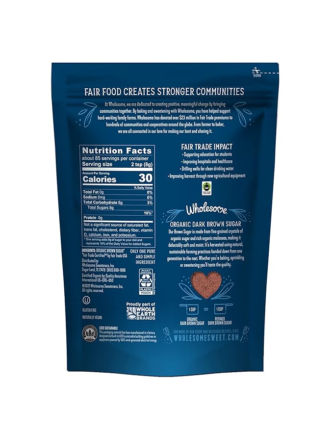 Wholesome Sweeteners 24-Ounce Organic Dark Brown Sugar, Fair Trade, Non GMO, Gluten Free & Vegan, Sugar for Baking and Glazing, 6 Pack