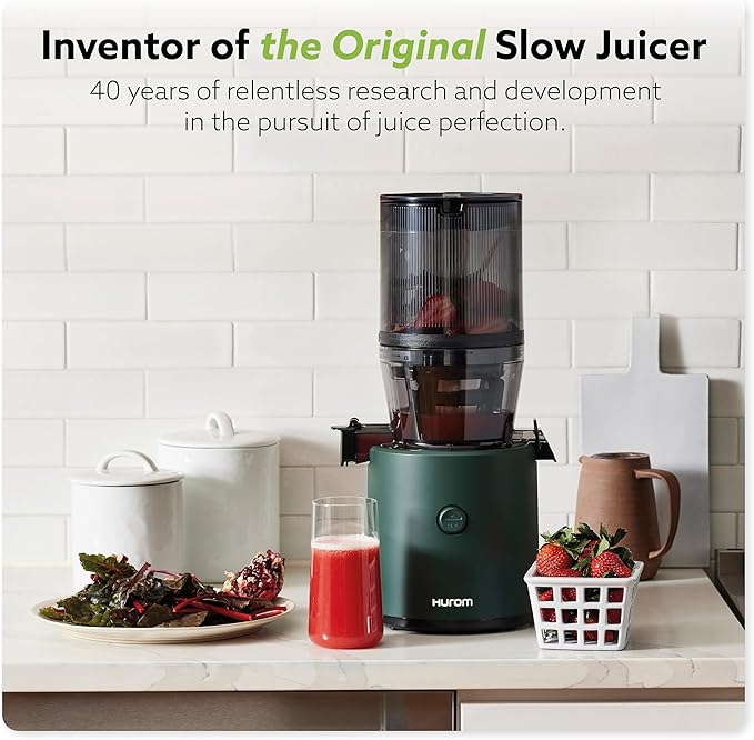 Hurom H320 Cold Press Juicer Machine, Easy to Clean Masticating Slow Juicer, Coarse Strainers, Self-Feeding, Hands Free, Family Size, Quiet Motor, Easy Assembly (Kale/Dark Green)