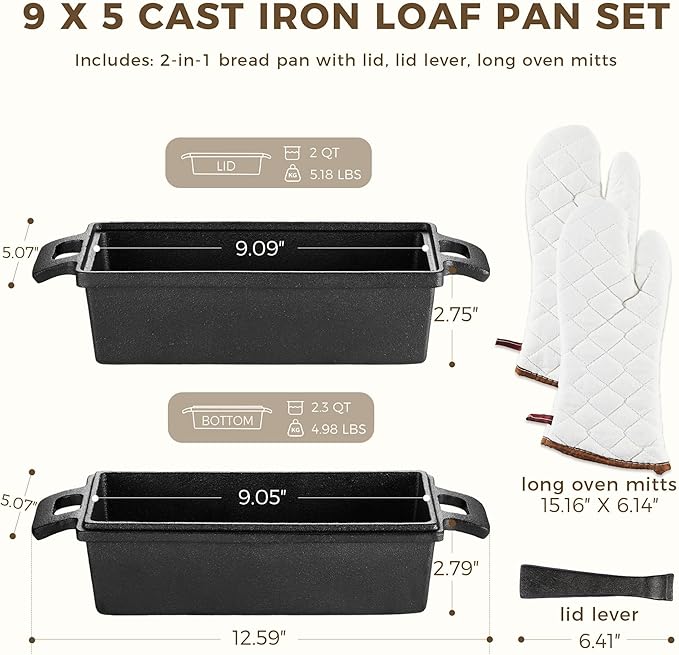 HONGBAKE 2 in 1 Cast Iron Bread Pan with Lid, Lid Lever, Long Oven Mitts, 9x5 Loaf Pans for Homemade Bread, Sourdough Baking Pan, Pre-Seasoned Nonstick Rectangular Dutch Oven, Banana Bread Tins