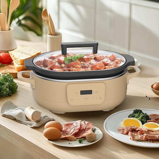 MAGNIFIQUE 6 Quart Programmable Slow Cooker Removable Healthy Nonstick Pot - Small Kitchen Appliance for Family Dinners - Serves 6+ People - Heat Settings: Keep Warm Brown Sugar